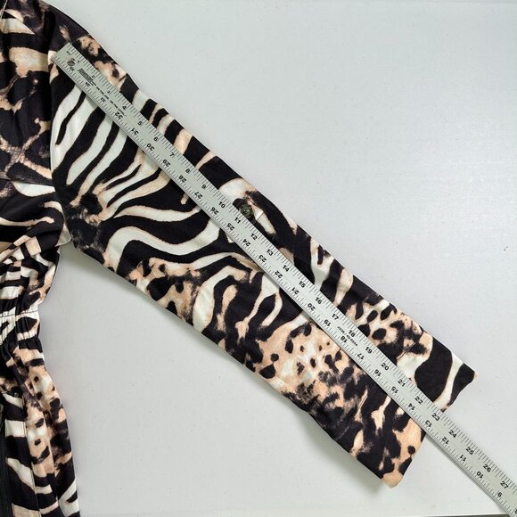 Puli Jacket Size M Black Tan Cinch Waist Zip Snap Animal Print Roll Tab Sleeve - Picture 13 of 13